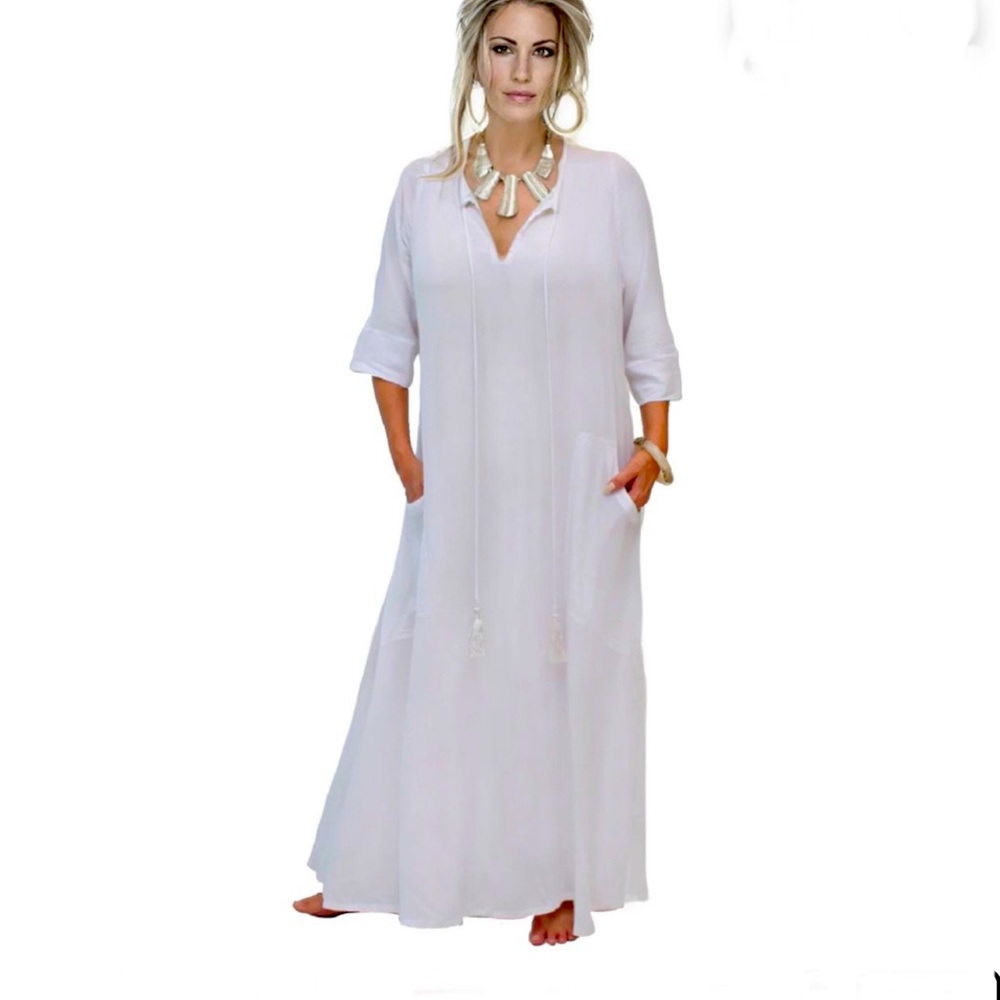 New Kaftan Maxi Dress, Pockets Tassels A line, Casual Crinkle Rayon,
